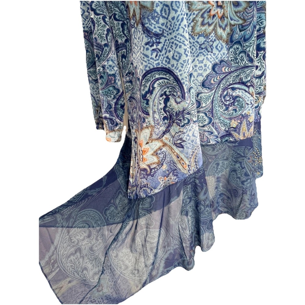 One World Blue Paisley Velvet Sheer Embellished Asymmetric Top XL NWT Boho Fairy - Picture 14 of 16